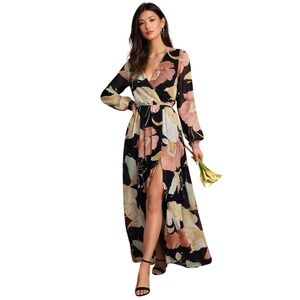Lulus Sz S Wondrous Water‎ Lilies Maxi Dress Black Floral Long Sleeved Wedding
